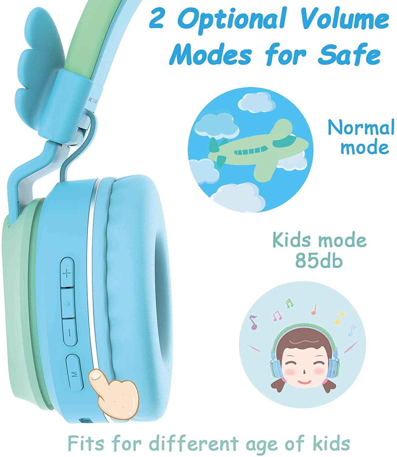 Riwbox BT05 Bluetooth Kids Headphones Wireless Foldable Headset Over Ear with Volume Limited and Mic/TF Card Compatible for iPad/iPhone/Tablet(Blue&Green)