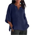 thumbnail image 2 of Pincandy Women's Fashion Summer V Neck Leisure Three-quarter Long Sleeve Plus Size Tops Gauze Split Side Casual Dressy Blouses Crew Neck Loose Tunic Tops,Navy,L, 2 of 5
