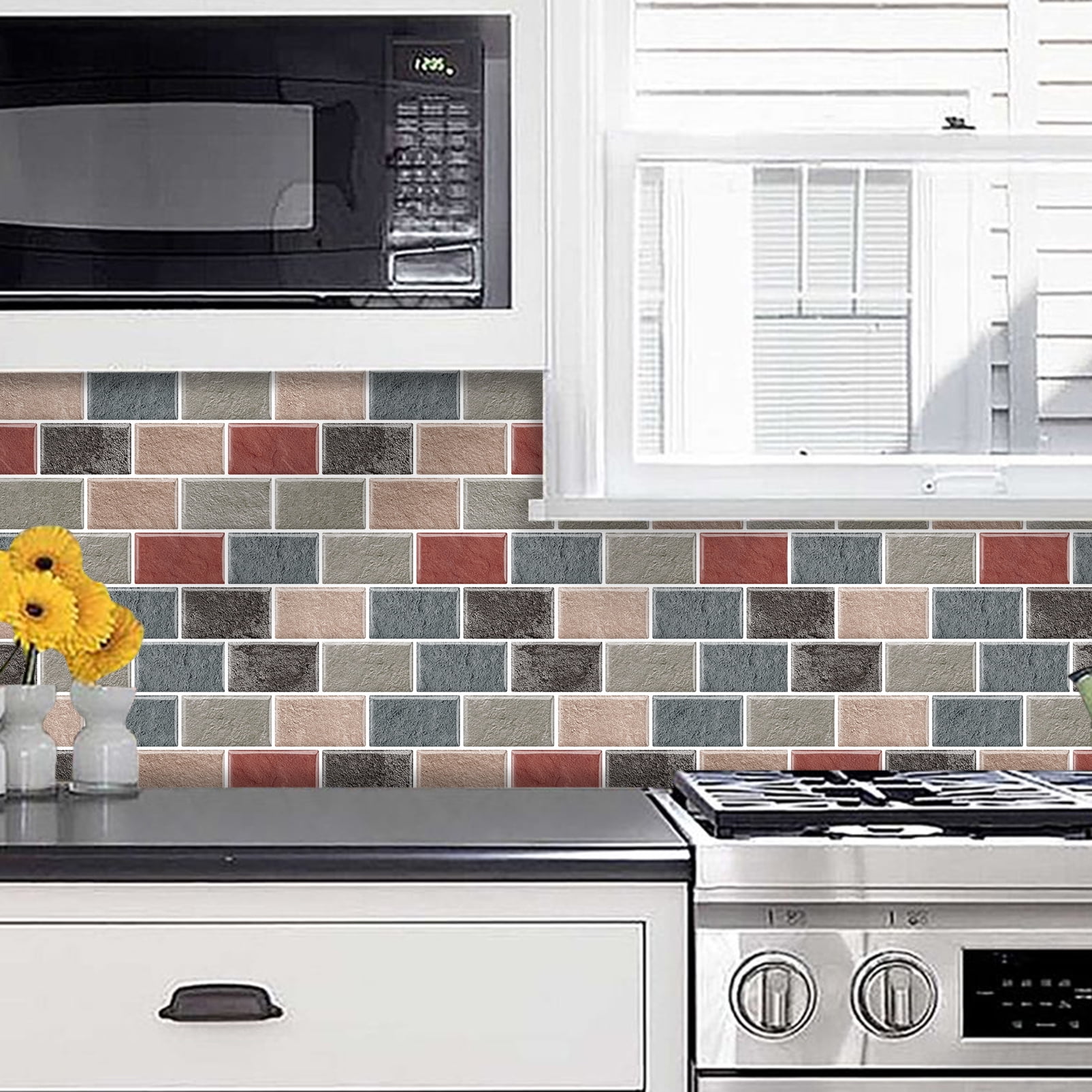 DEWOO Peel and Stick Backsplash - 10 Sheets of 12"×12" - 3D Adhesive Peel and Stick Tile Backsplash for Kitchen, Bathroom, Wall Tile, Multicolor