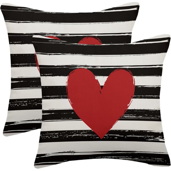 Valentines Pillow Covers 18X18 Inch Set of 2 Red Love Heart Stripe Valentine Pillows Decorative Throw Pillows Anniversary Wedding Linen Square Cushion Covers for Outdoor Home Sofa Couch