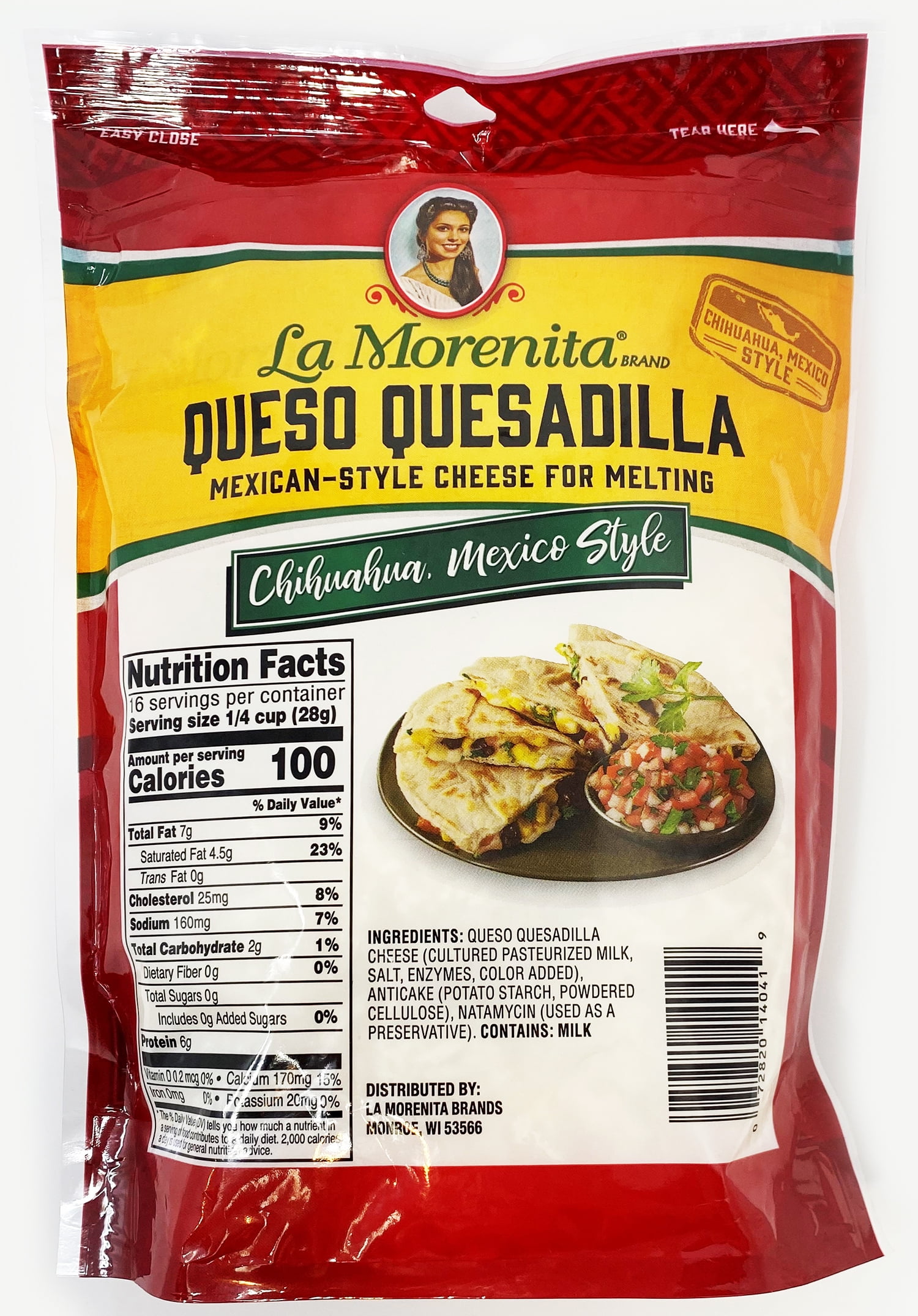 La Morenita Queso Quesadilla, Chihuahua-Style Melting Cheese, 16 oz, Resealable Plastic Bag, Refrigerated