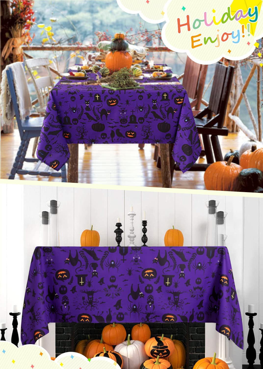 Halloween Tablecloth 57x120 Inches Purple Tablecloths Rectangle Pumpkin Table Cloth Bat Printed Table Cover for Dinner Party Decoration