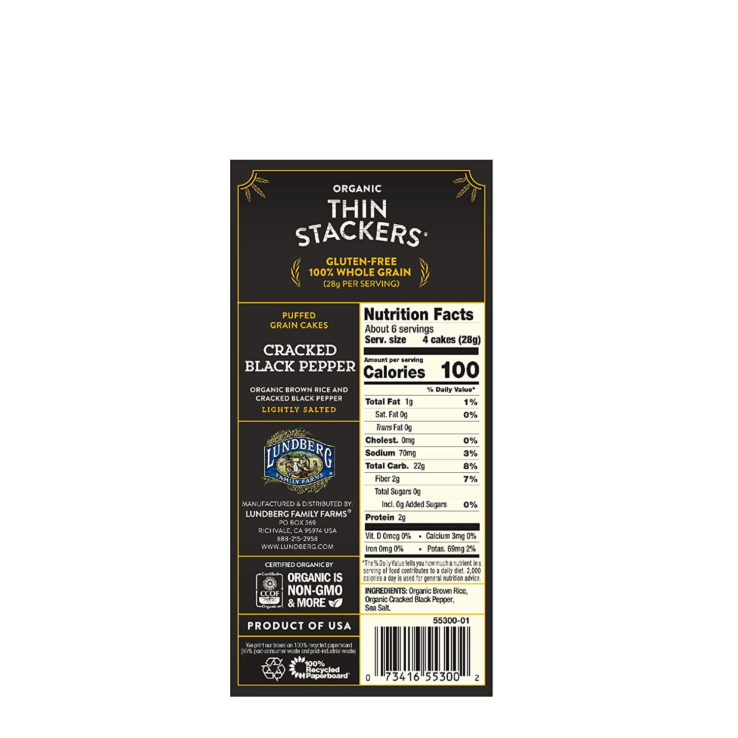 Lundberg, Organic Thin Stackers, Puffed Grain Cakes, Cracked Black Pepper, Lightly Salted, 24 Rice Cakes, 6 oz Pack of 3