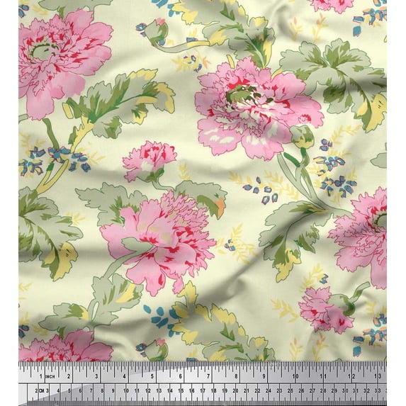 Soimoi Japan Crepe Satin Fabric Leaves & Floral Artistic Print Fabric by The Yard 42 Inch Wide