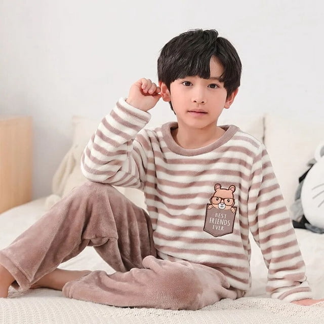 Ropa para niñas, conjunto de pijamas de lana de Navidad, franela para niños, ropa de dormir cálida de dibujos animados, ropa de casa para niños, invierno, otoño, primavera, adolescentes de 5 a 15 años