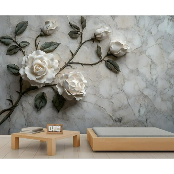 Relief White Peony Flowers Custom Wallpaper Green Leaves Wall Murals Living Room Bedroom Background Abstract Marble Texture 3D Wall Mural Home Decor 55"W x 28"H (Not Peel and Stick)