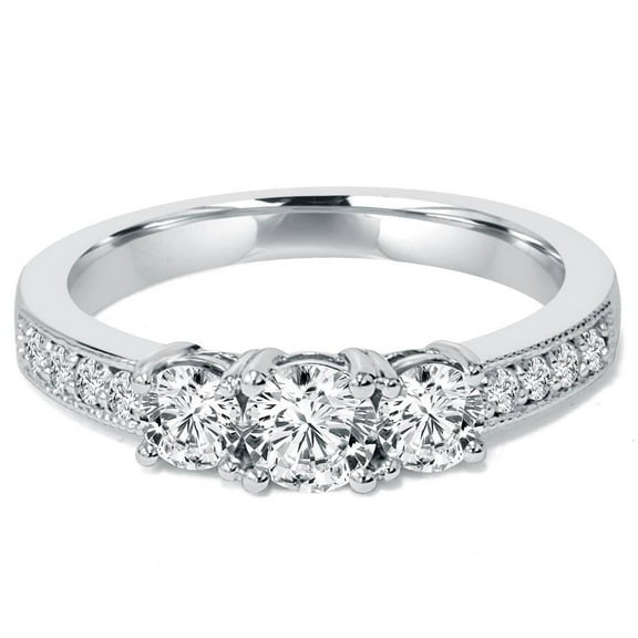 Pompeii 1 CT 3-Stone Diamond Milgrain Accent Engagement Ring 10K White Gold (I/J,I2-I3)