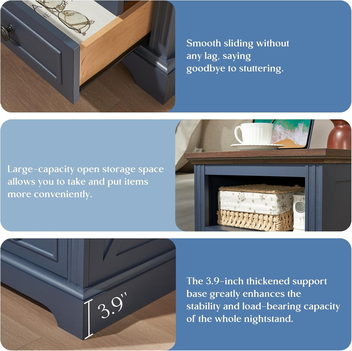 Vecenuy Nightstand with Charging Station, Side Table with 2 Drawers & Open Storage, 18" Retro Bedside, End for Bedroom Living Room, Blue