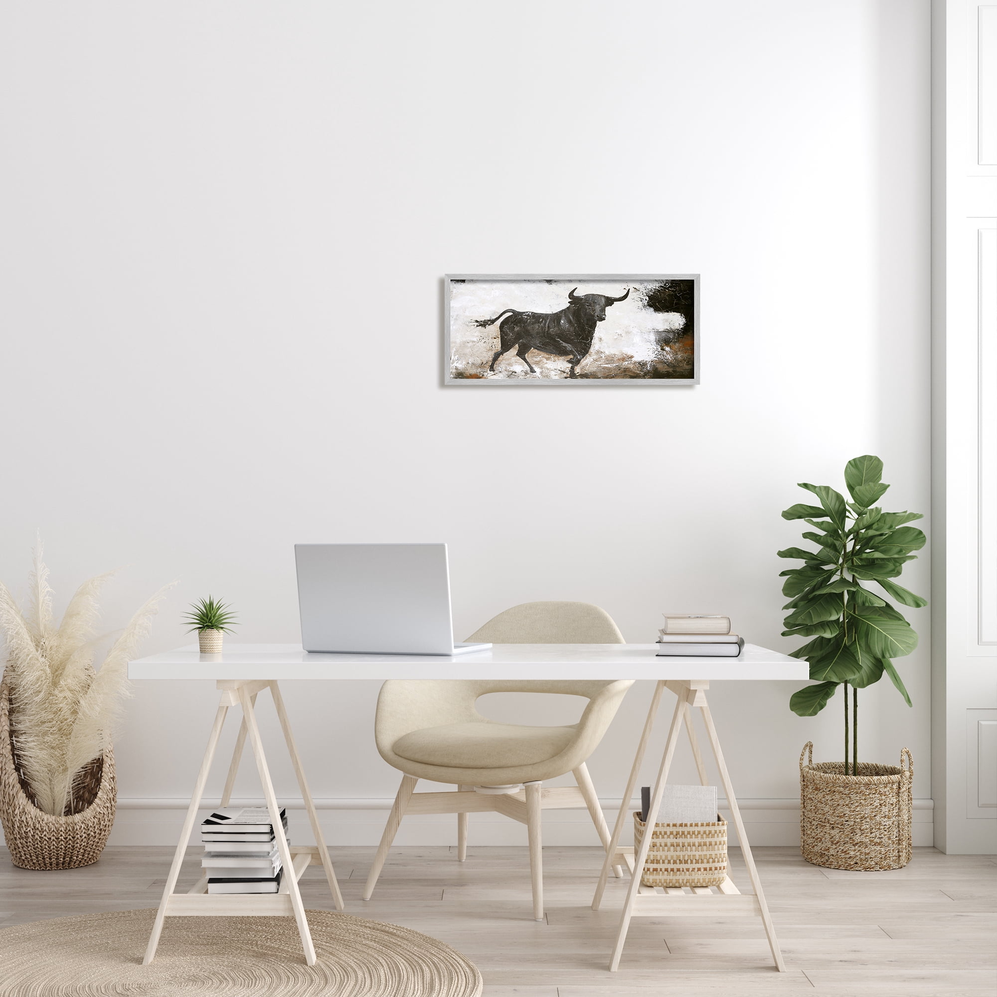 Stupell Industries Rustic Running Bull Abstract Animal Painting Wild Cattle, 24 x 10, Design by Design Fabrikken