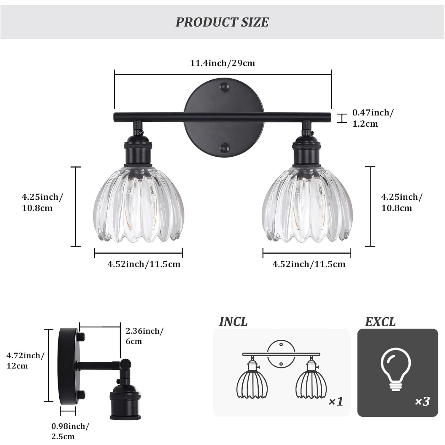 Bathroom Light Fixtures, 2-Light Black Vanity Wall Light Over Mirror with Clear Tulip Glass Shade for Bedroom Living Room (Bulb Not Included)