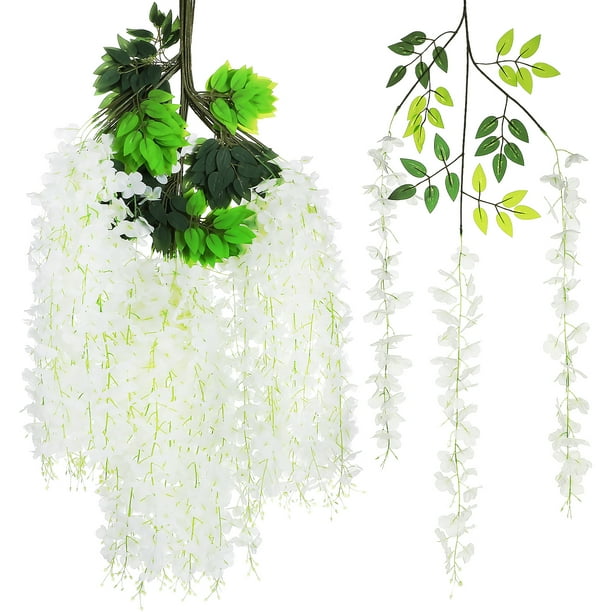 Paquete de 18 guirnaldas de flores colgantes de glicina blanca y verde, enredaderas de flores artificiales de 3.77 pies, glicinia falsa, guirnalda colgante de enredaderas artificiales para(A)