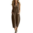 thumbnail image 2 of Costeam Womens Sleeveless V Neck Button Front Linen Blend Jumpsuit Loose Fit Casual Romper with Side Pockets Cropped Wide Leg Pants, 2 of 6