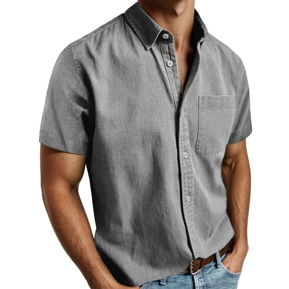 Curuila Tops For Men Solid Color Short Sleeve Relaxed Fit Spring Summer Lapel Button Down Fashion Comfort Tee Grey Size M