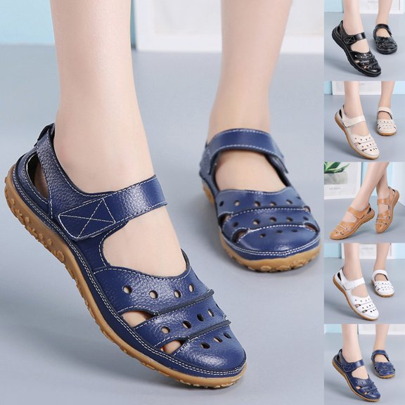 Women's Summer Casual Closed Toe Leather Sandals,Comfortable Soft Sole Ankle Strap Mary Jane Orthopedic Beach Shoes
