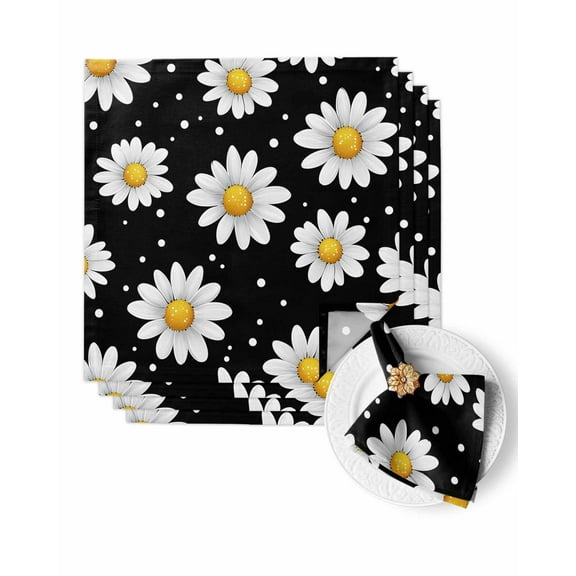 Cloth Napkins White Daisy Polka Dots on Black Washable Soft Kitchen Dinner Napkin Set of 4,Farmhouse Daisies Floral Reusable Cocktail Napkins for Wedding Holiday Party Event,20x20In