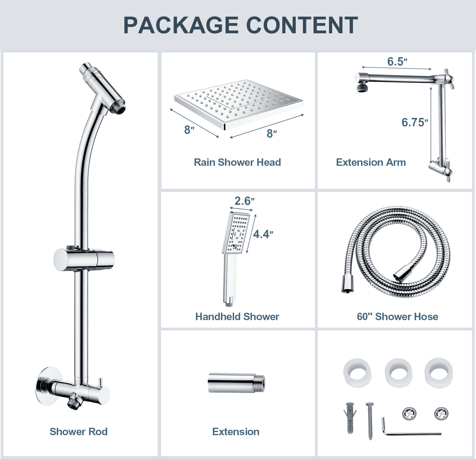 BRIGHT SHOWERS Rain Shower Heads System, Rainfall Shower Head with Handheld Spray Includes Solid Brass Slide Bar, Height Adjustable Holder, Shower Extension Arm, Chrome