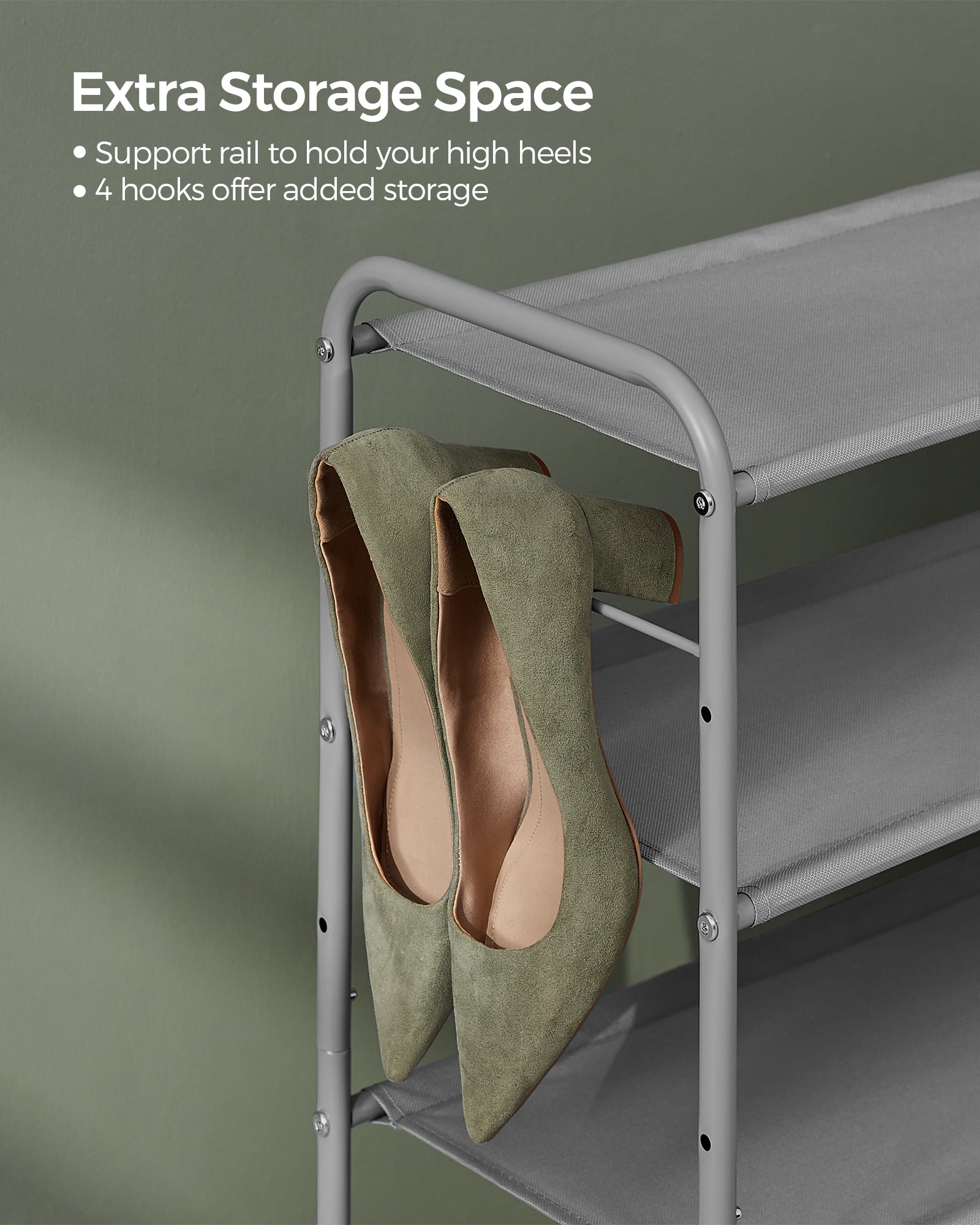 Shoe Rack, 3 Tier Shoe Organizer, Fabric Shoe Shelf Storage with 4 Hooks, Holds up to 18 Pairs of Shoes, Height-Adjustable Shoe Rack for Entryway, Hallway, Closet, Easy Assembly, Dove G