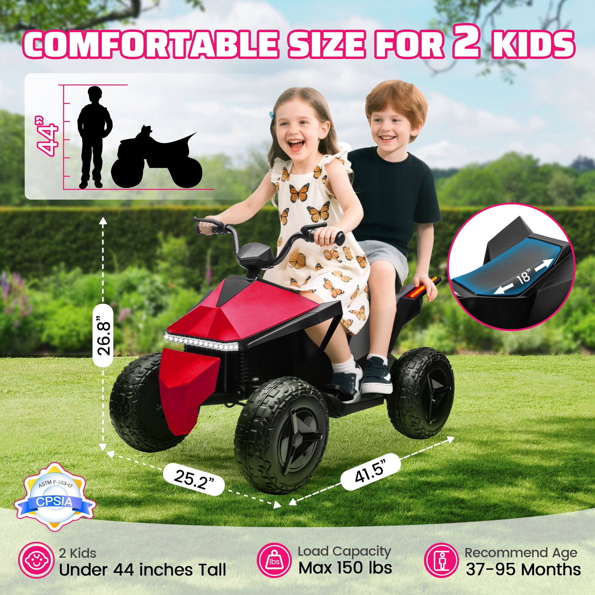 POP FRIENDS Kids ATV 24V, 4WD Ride on Toys Electric Car for Ages 3+ Toddlers Boys Girls with Remote Control, LED Headlights, Anti-Slip Tires, Bluetooth, Music Player, Pro Pink