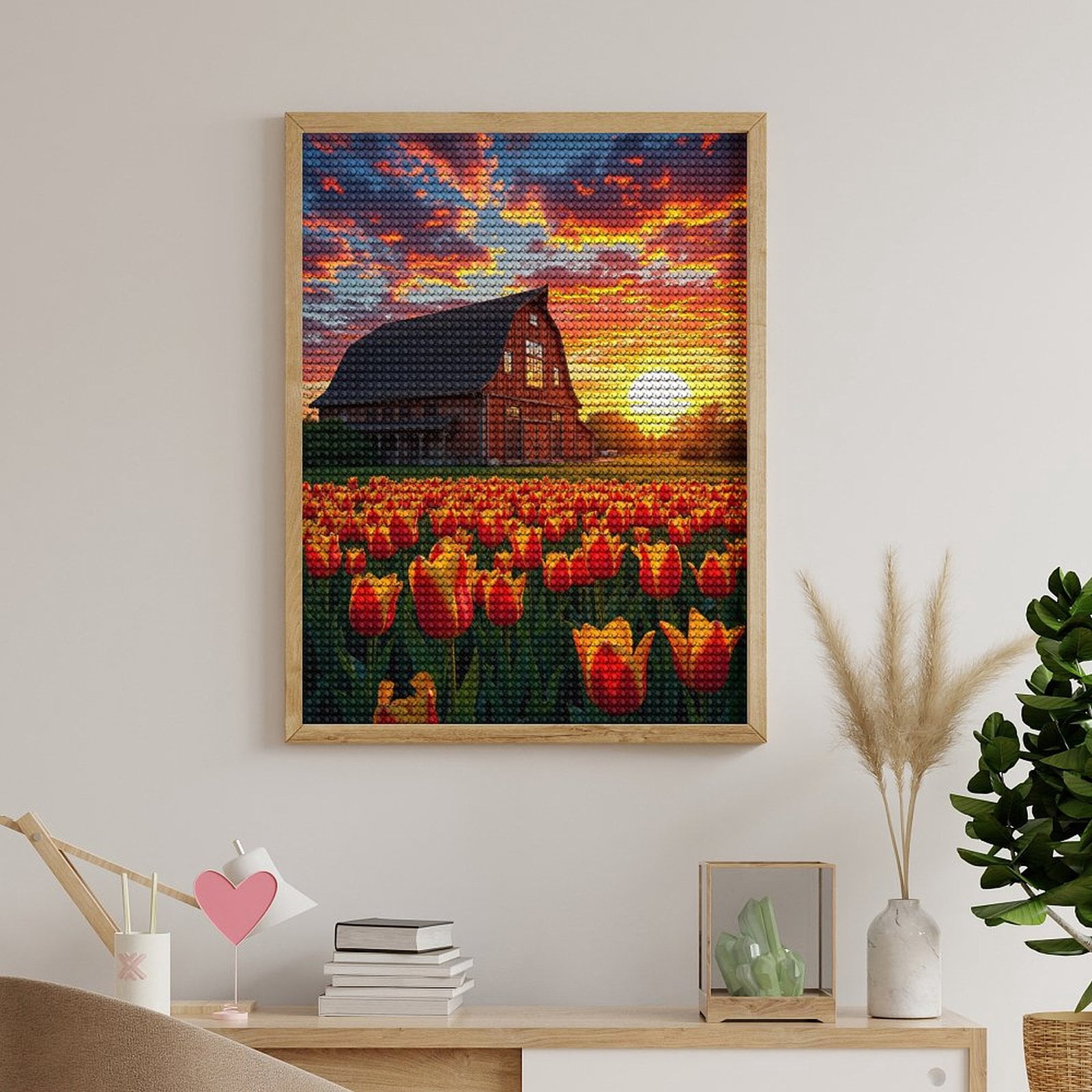 Diamond Art Kits for Adults, Sunset Tulips Barn Landscape 5D Diamond Painting Kits for Adults Beginners, DIY Full Drill Diamond Painting, Gem Art and Crafts 12x16