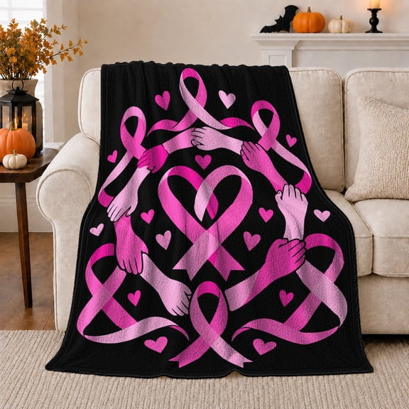 Pink Ribbon Heart Support Breast Cancer Awareness, Cozy Typography Art Scene, Warm Flannel Blanket for Living Room and Reading Nook, Art Lovers Valentine's Day Gift, Artistic Home Decor