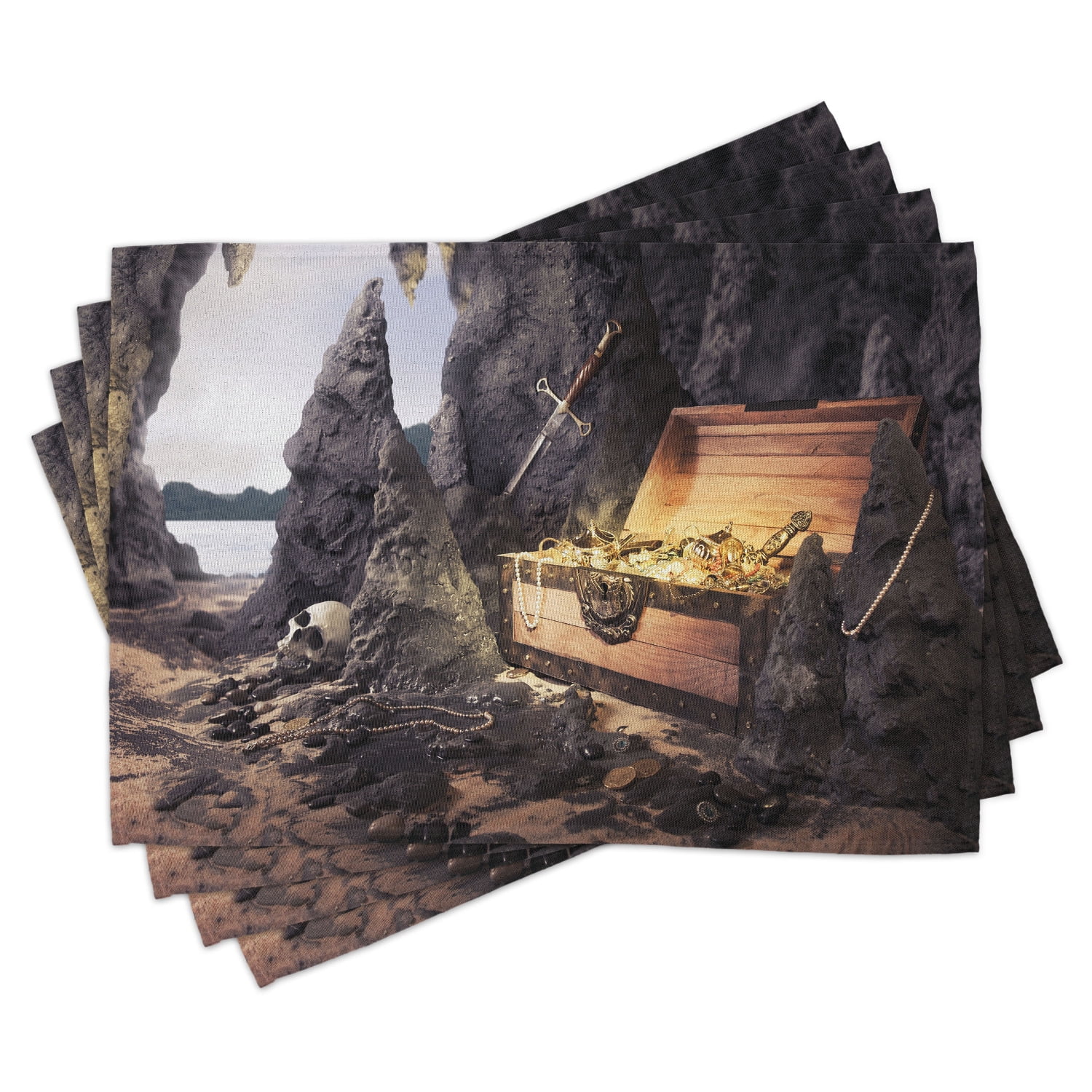 Fantasy Placemats Set of 4 Open Treasure Chest with Gold Coins in Cave