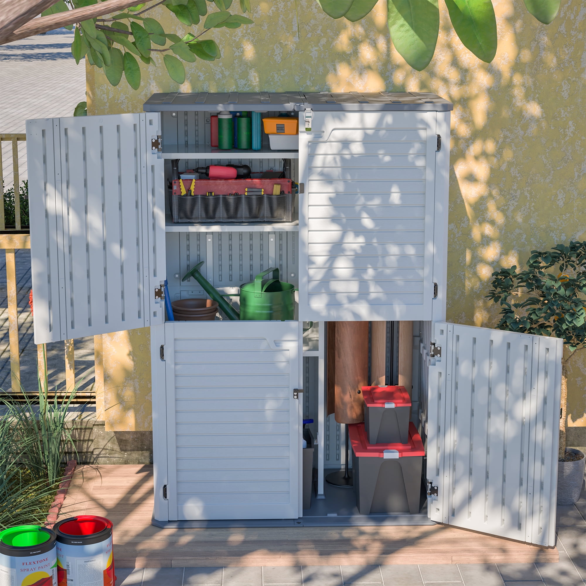 LZBEITEM 61 Cu.ft Upgraded Outdoor Horizontal Storage Shed with 4 Adjustable Shelves, Weather-Resistant Resin Tool Sheds, Multi-Opening Door, Waterproof & Lockable