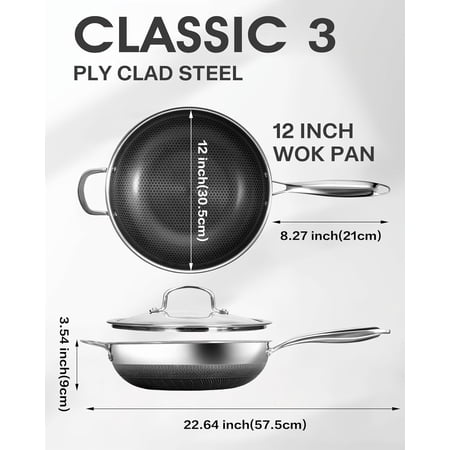 12 Inch Non Stick Stainless Steel Wok Pan with Glass Lid, Tri-Ply Induction Cookware for Stir Fry and Searing