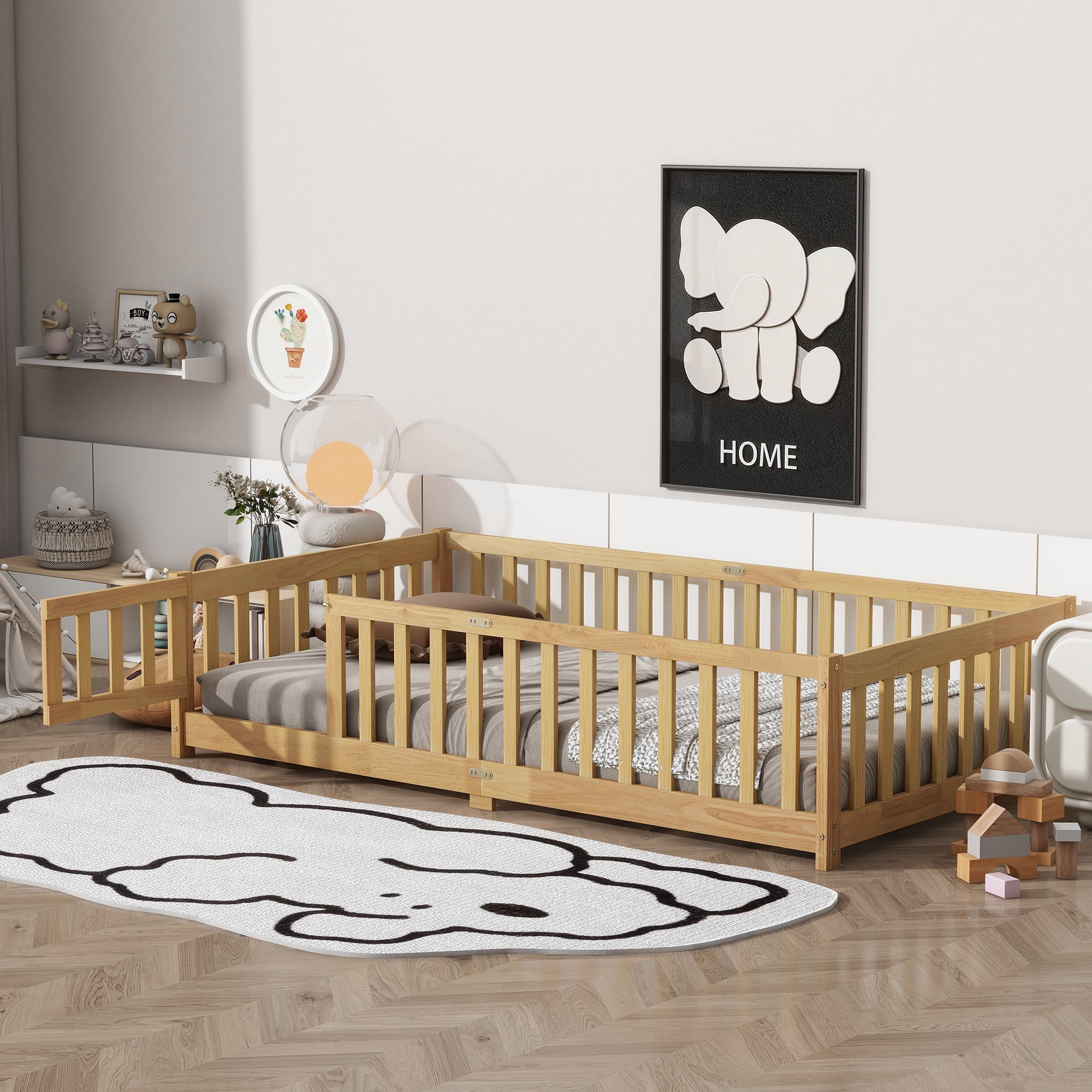 Twin Size Floor Bed with Door and Fence, UHOMEPRO Montessori Floor Bed with Slats and Safety Guardrails, Solid Wood Twin Bed Frame for Bedroom, Natural