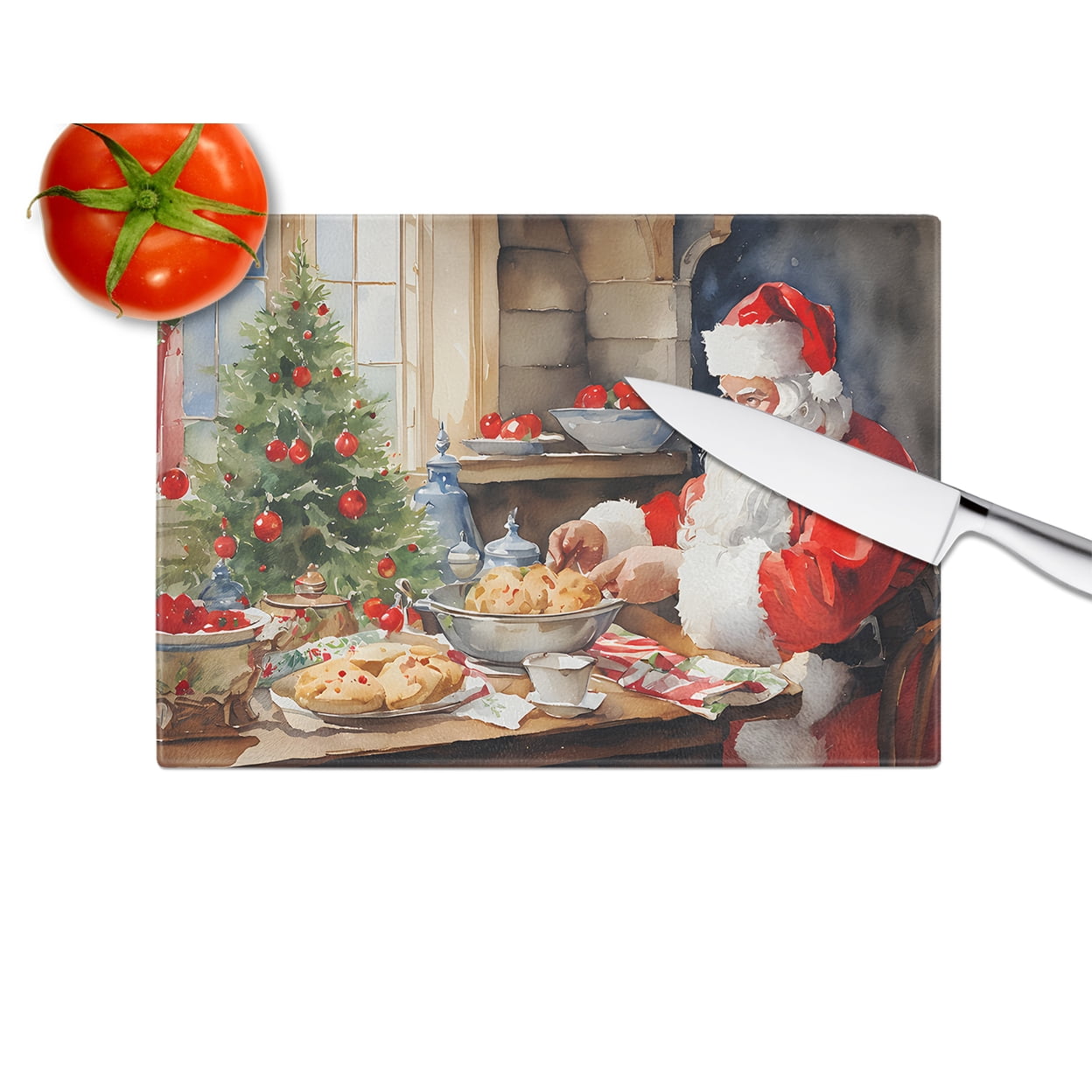 Cookies with Santa Claus Glass Cutting Board Large 12 in x 15 in