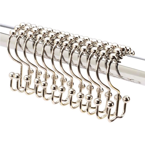 SDES-2LB Depot Double Shower Curtain Hooks Rings Polished Nickel Decor Finish Premium Rust-Resistant Stainless Steel Metal Hooks Roller Balls Glide on Shower Rods 12-Piece Set