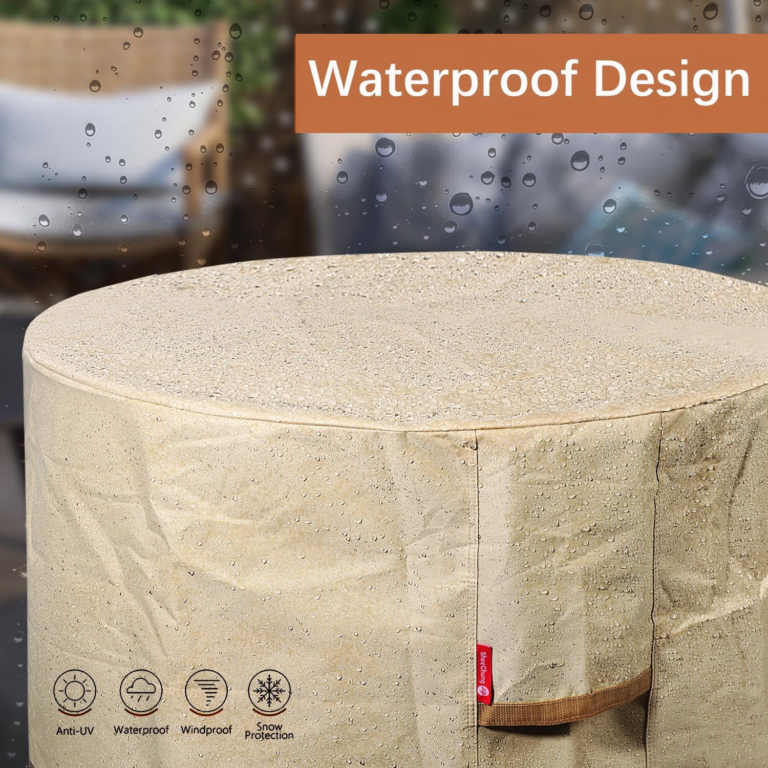 Fire Pit Cover Round 44" D x 24" H Waterproof 600D Heavy Duty Patio Gas Fire Pit Cover,Large Shelter Fits 40-44 Inch Outdoor Firepit Table Beige
