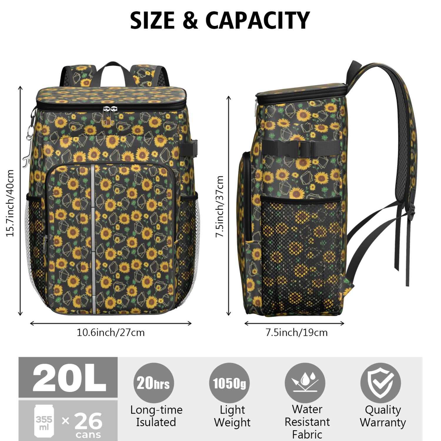 Travel Cooler Bag - Black Sunflower Camping Beer Cooler Backpack with Bottle Opener- Waterproof Insulated Picnic Backpacks - Cooler Bag for Beach