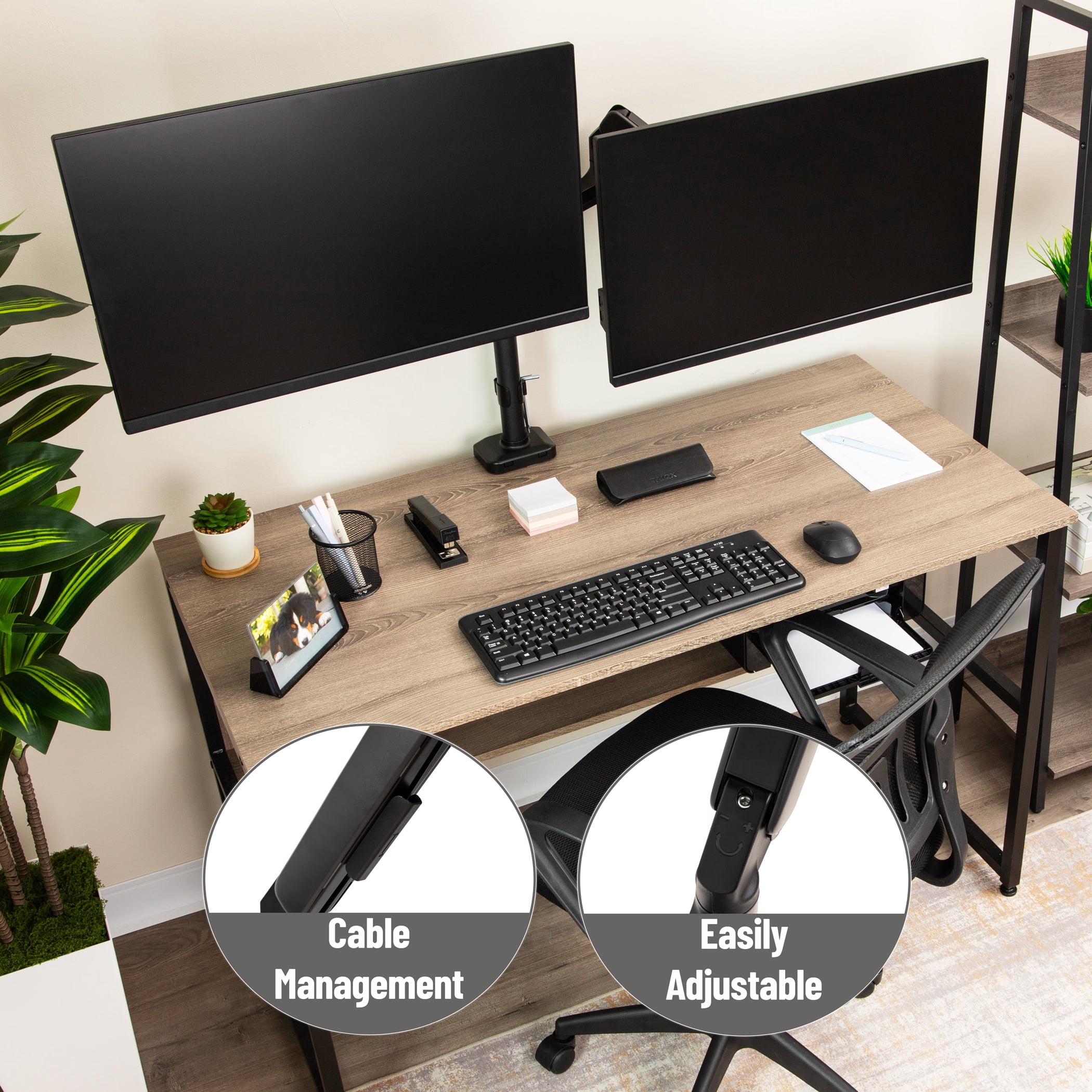 Mind Reader Dual Monitor Arm for 13–32 Inch Screens, Gas Spring VESA Desk Mount, ±180° Rotation, ±65° Tilt, ±180° Swivel, Holds up to 19.8 lbs Each, Black