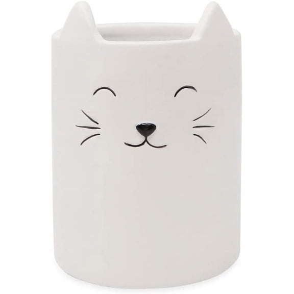 Isaac Jacobs White Ceramic Cat Organizer, Multi-Purpose Cup Holder, Bathroom, Bedroom, Office