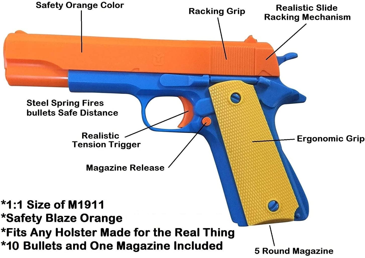 Orange Barrel Realistic 1:1 Colt 1911 Kids PlayToy Gun Pistol Shooting 10 Bullet 
