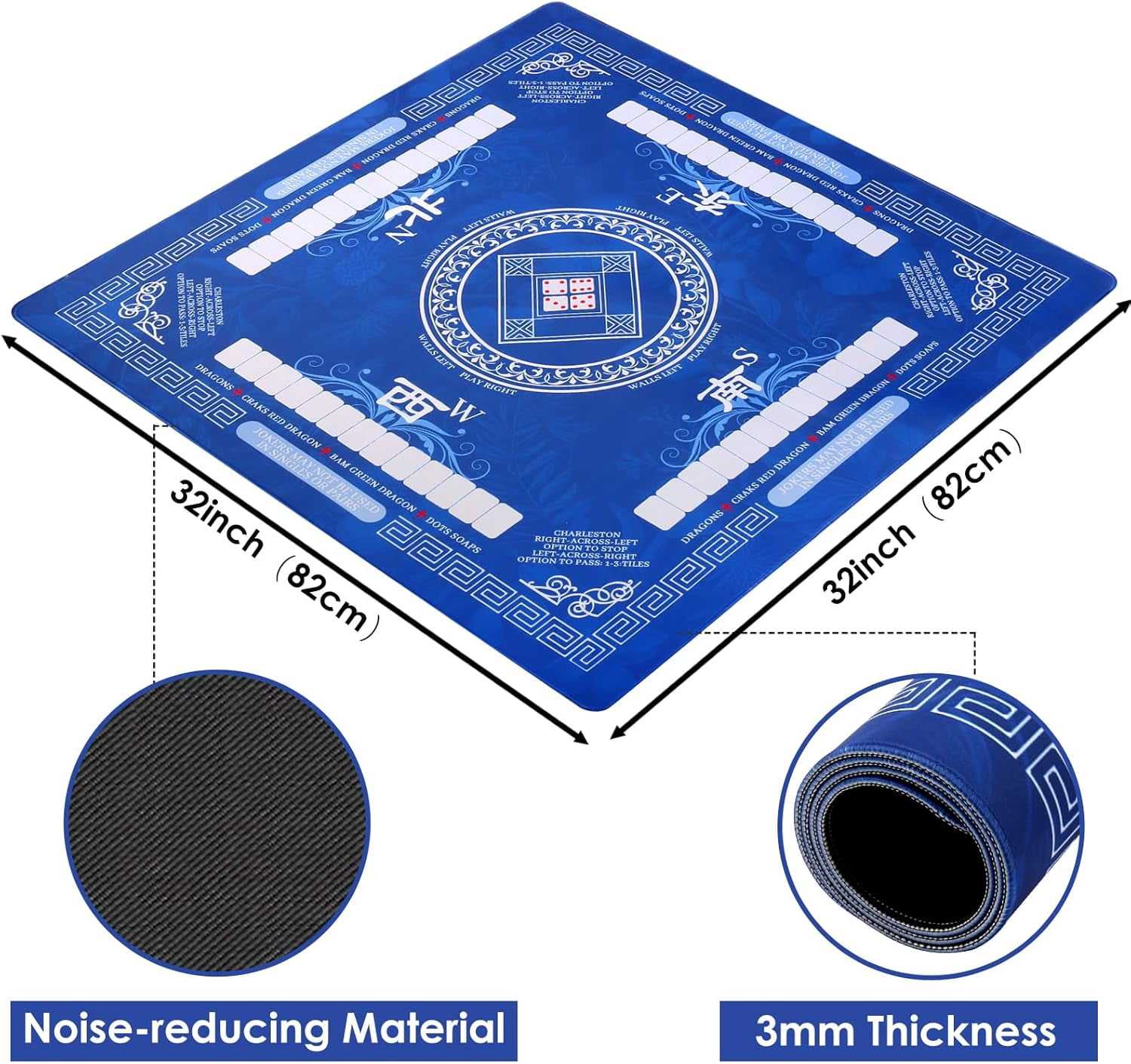 Mahjong Mat for Table, Non-Slip Noise Reduction Mahjong Table Cove 31.5x31.5 Inch Portable Gaming Mat for Poker/Cards/Board Games/Tile Games, Mahjong Tablecloth with Carrying Bag (Blue)