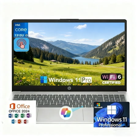 HP - 15.6" HD Touchscreen Laptop, Intel i3-1315U, 24GB RAM, 512GB SSD , Office 2024, Intel UHD Graphics, Win 11 Pro, Natural Silver