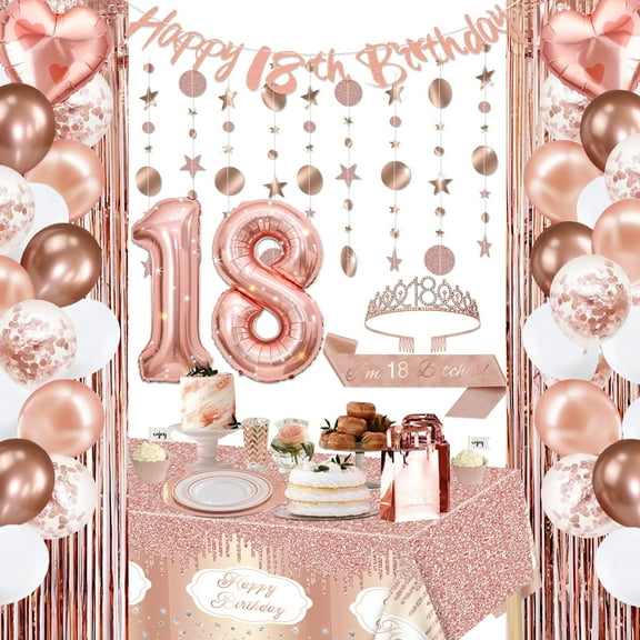 Hegbolke 18th Birthday Party Decoration Kit with Sash & Balloons, Rose Gold (52 Pack)