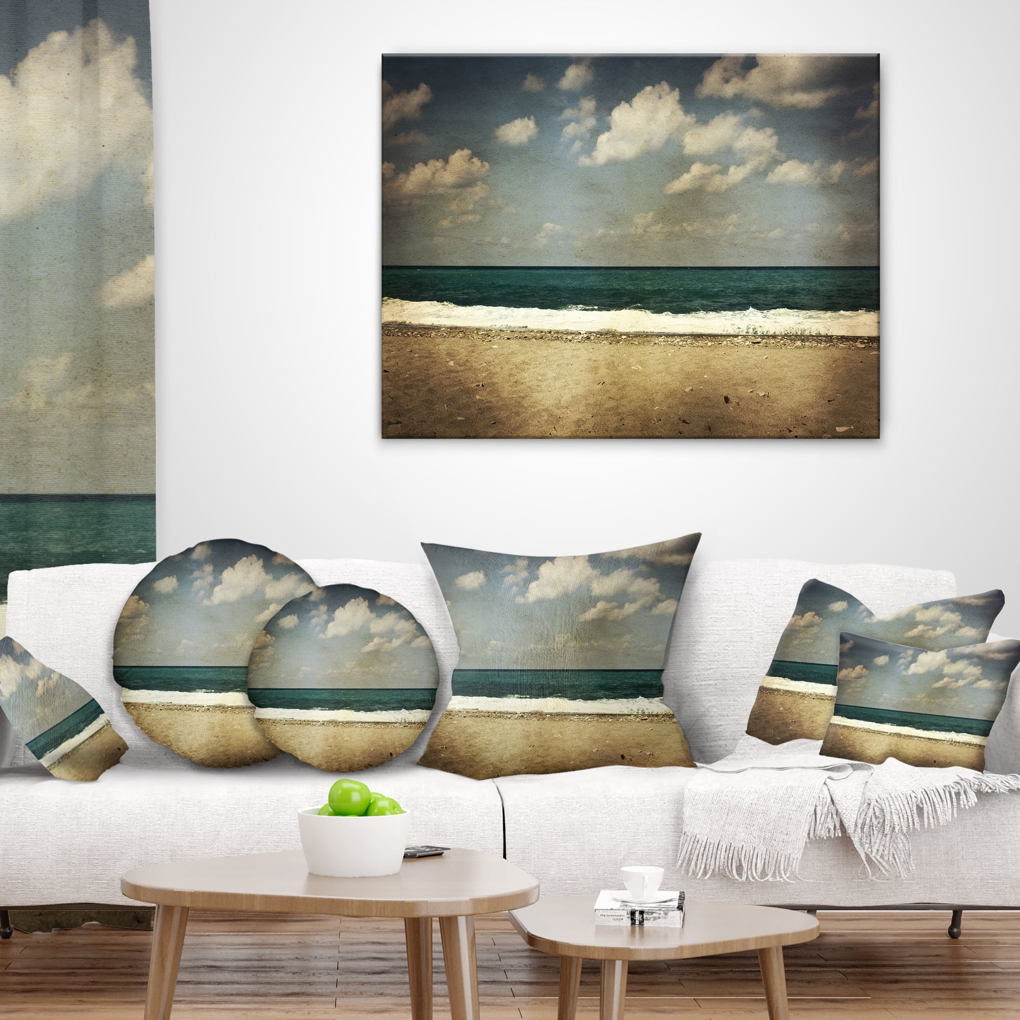 Designart Vintage Beach with Heavy Clouds - Seashore Throw Pillow - 18x18