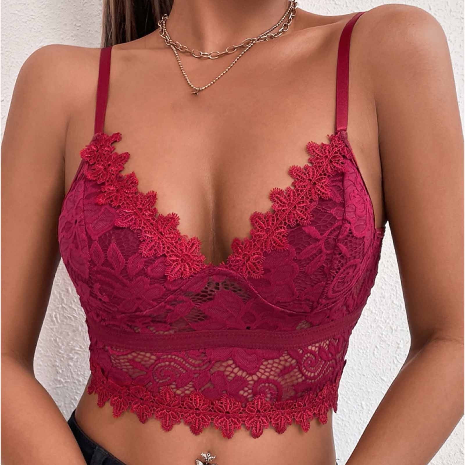 Hfyihgf On Clearance Lace Bralette for Womens Cami Crop Tops Adjustable Spaghetti  Strap Sexy V Neck Bustier Bra Going Out Tops Camisole Everyday Bralettes(Wine,M)  