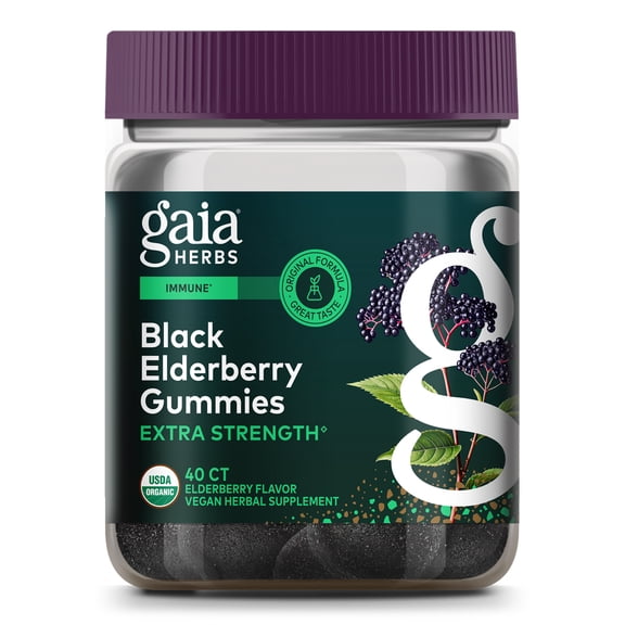 Gaia Herbs Black Elderberry (Sambucus nigra) Extra Strength Gummies - Delicious Immune Support Supplement* - Certified Organic Black Elderberries for Immune System Support* - 40 Gummies (20 Servings)