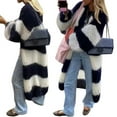 thumbnail image 3 of Females Color Block Striped Cardigan Sweaters Loose Knitted Long Open Front Cardigan Navy Blue L, 3 of 6
