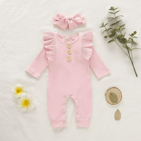 

Promotion Clearance 1 Set Infant Round Collar Long Sleeve Solid Color Girls Jumpsuit Climb Soft Romper And Hairband Two-piece Set