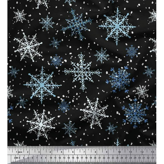 Soimoi Black Cotton Duck Fabric Snow Flakes & Star Print Fabric by the Yard 42 Inch Wide