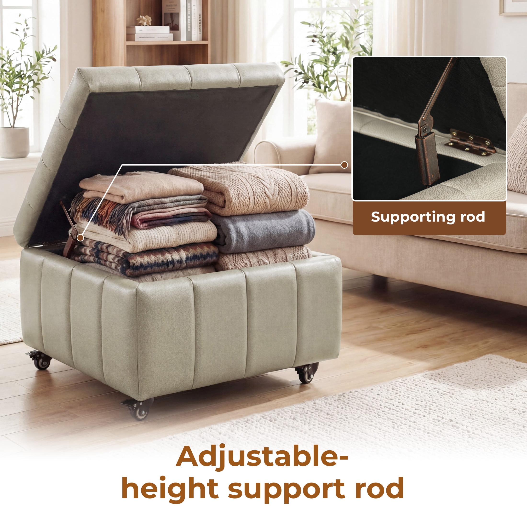 Poshby Square Faux Leather Storage Ottoman, Coffee Table Footrest Stool with Pulley Legs for Living Room or Bedroom, Grey