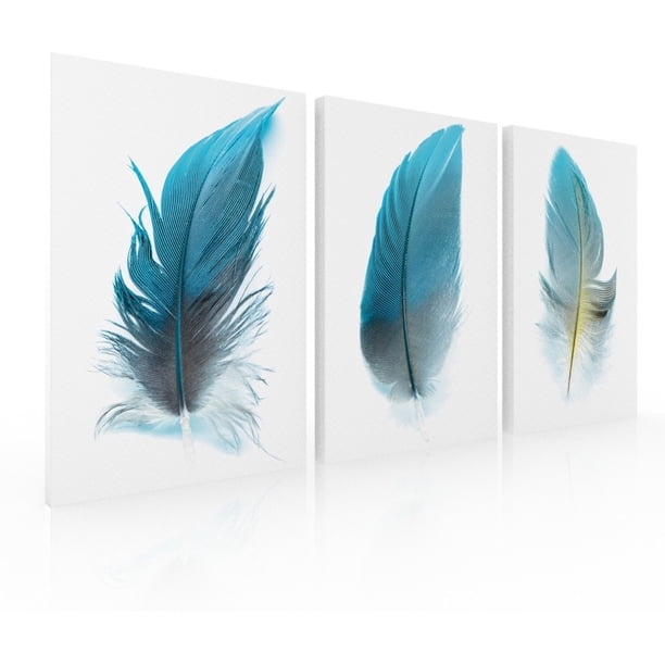 Set de 3 Cuadros Decorativos Modernos Ideas Creativas Plumas Turquesa Cuadro sublimado en tela