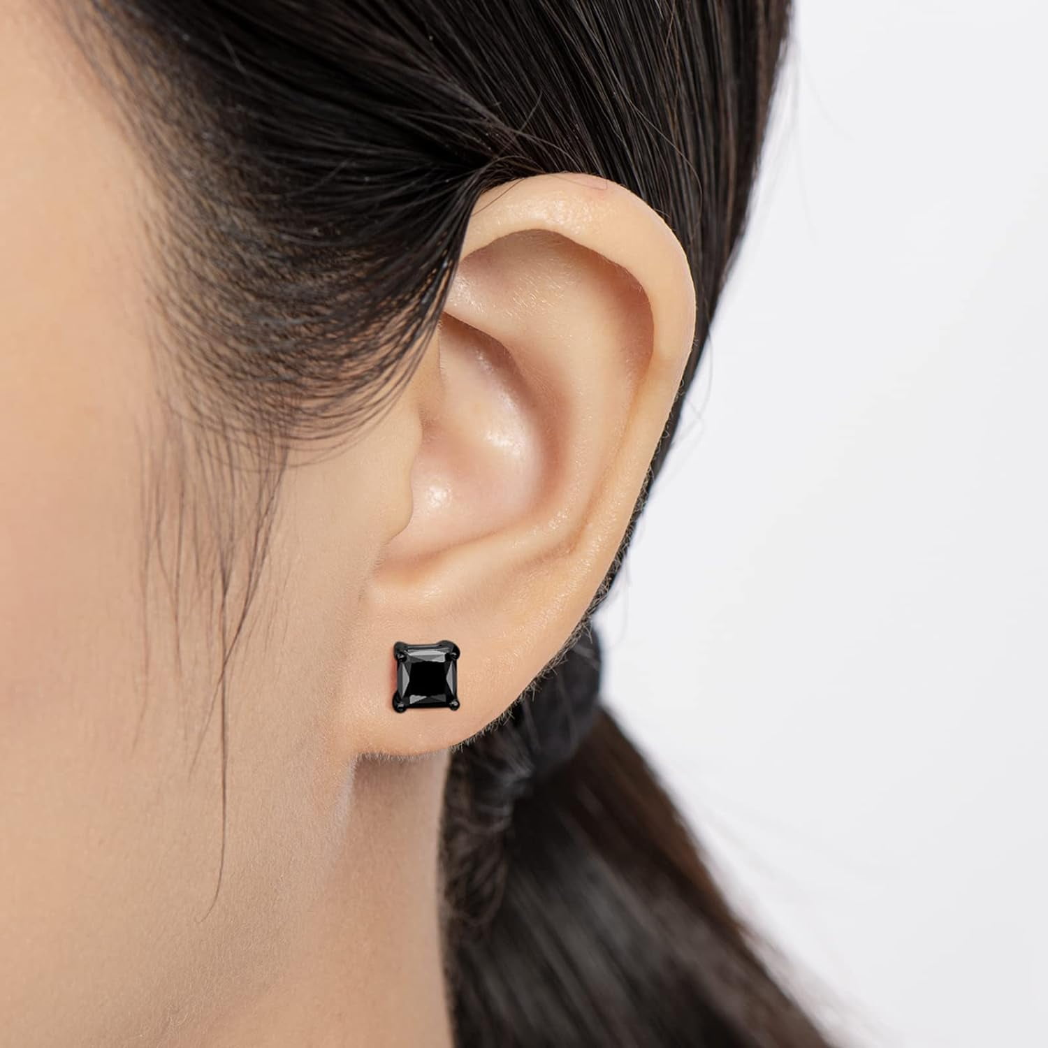 Leander 925 Sterling Silver Black Onyx Stud Earrings For Men Women, Hypoallergenic Mens Viking Rune Square Simulated Diamond CZ Studs Cushion/Round/Princess Cut Onyx Earrings Fine Jewelry