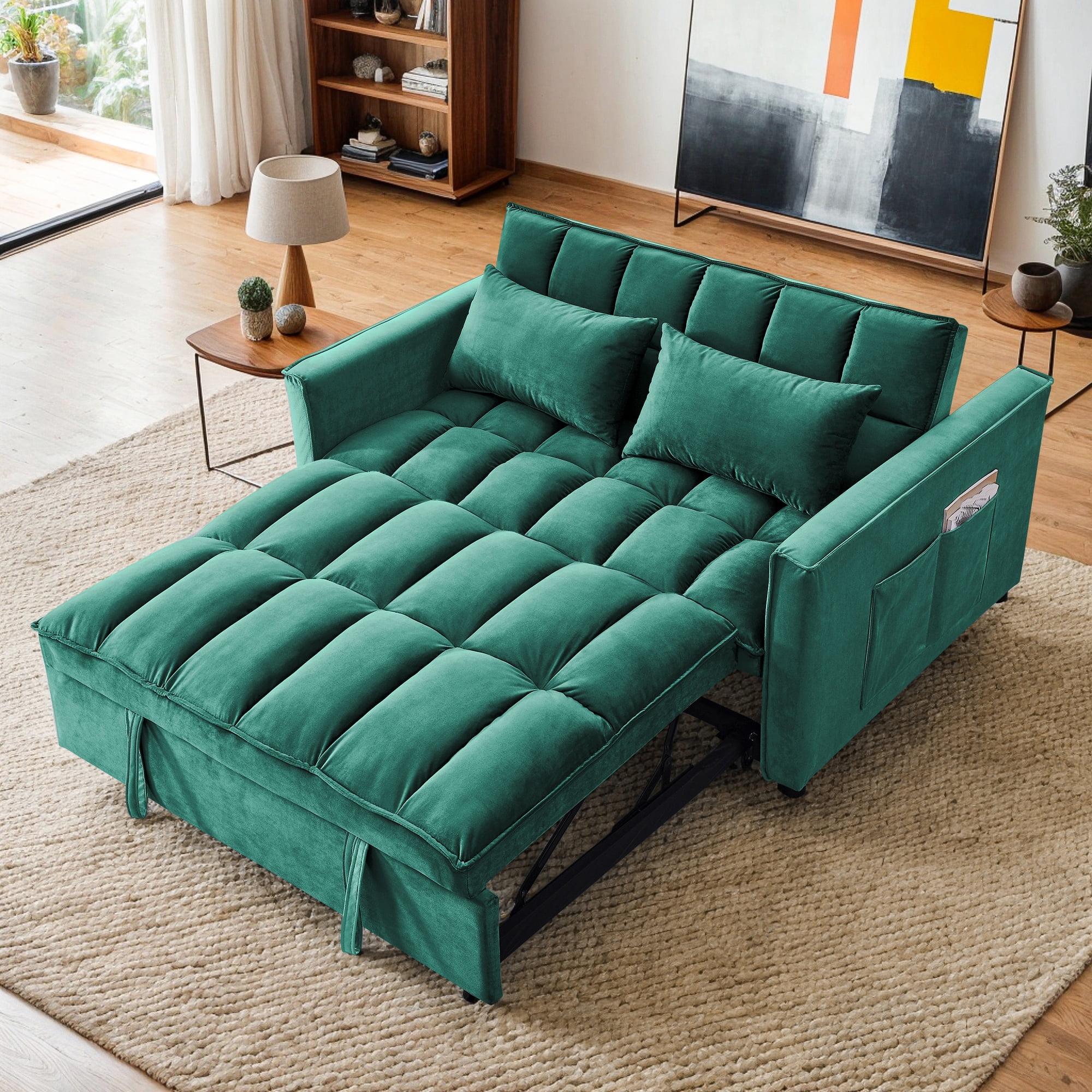 Kadyn Futon Sofa Bed, 54" Adjustable Backrest Convertible Futon Sofa for Living Room, Futon Sleeper Sofa with Side Pouch, Green