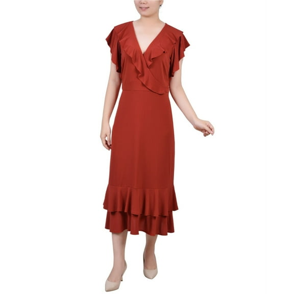 NY Collection Womens Flutter Sleeve Ruffled Dress, Orange, Petite, PM