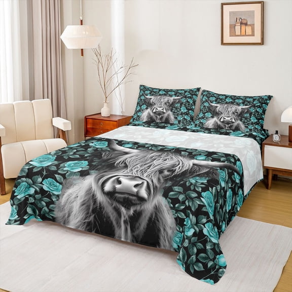 jejeloiu Teal Rose Cow Full Size Sheets Kids,Western Print Bed Sheets,4-Piece